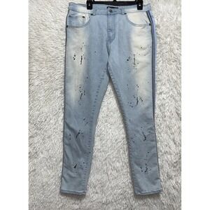 M. Society Jeans Men’s Size 34x32 Blue‎ Acid Wash Splatter Print Skinny Denim